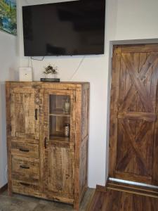a tv on a wall next to a wooden door at Bajta 163 in Topusko