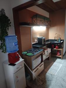 a small kitchen with a stove and a sink at Vista do pico Itacolomi in Ouro Preto