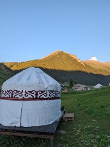 a tent in a field with a mountain in the background at Altyn Sky in Mineralʼnyy Istochnik Altyn-Arasan
