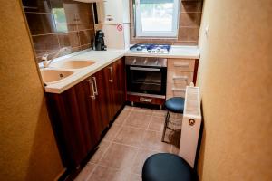 a small kitchen with a sink and a stove at Apartament Ritmului in Zalău +9 photos