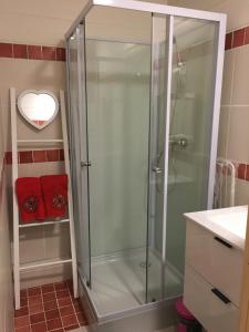 a shower with a glass door in a bathroom at La Palissandre in Tallard