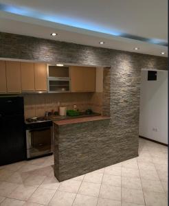 a kitchen with a brick wall in a room at Shangai apartman in Belgrade
