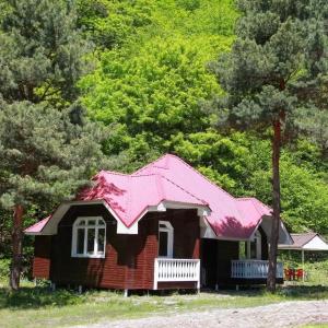 a small red house with a pink roof at Narınqala Hotel in Sheki +5 photos