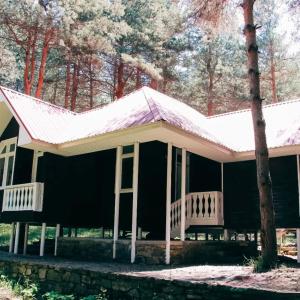 a black and white house with a white roof at Narınqala Hotel in Sheki