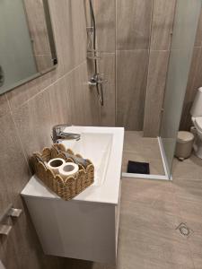 a bathroom with a sink with a basket on it at Tempo apartments in Pazardzhik