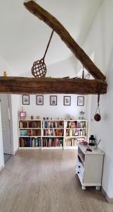 a room with a book shelf filled with books at Métairie du Peyré in Pauilhac