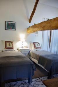 a bedroom with two beds and a table with a lamp at Métairie du Peyré in Pauilhac