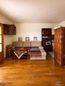 a living room with a bed and a couch at Casa cu şemineu in Păuşa
