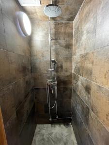 a shower in a bathroom with a tiled wall at BIRD-LOGG Amami in Amami