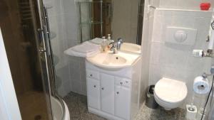 La salle de bains est pourvue d'un lavabo, de toilettes et d'une douche. dans l'établissement ApartamentyPrzyMorzu Reymonta, à Kołobrzeg