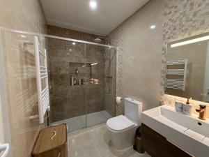 a bathroom with a shower and a toilet and a sink at Vila Grafenola in Montargil