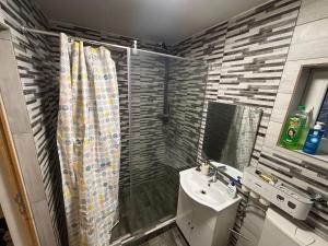a bathroom with a shower curtain and a sink at Fele&Ami house in Bontida