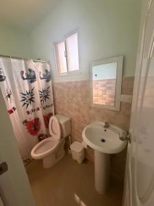 a bathroom with a toilet and a sink at Hostal mar de luna in Pedernales