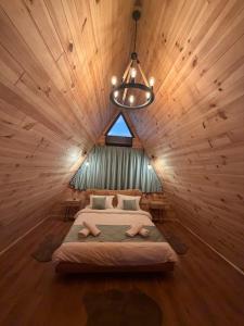 a bedroom with a bed in a wooden room at Devi retreat in Arpaşu de Sus