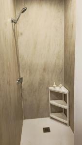 a shower stall with a shelf in a bathroom at JABUTI Autocaravana con porche y aparcamiento in Cádiz +56 photos