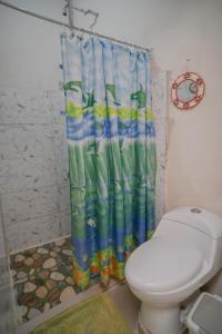 a bathroom with a toilet and a shower curtain at Cabinas Los Colibris in Pocosol