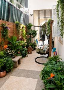 a patio with a bunch of plants and a chair at Trip Nest Homestay in Manila