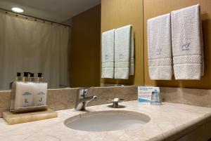 a bathroom with a sink and a mirror and towels at Howard Johnson Plaza by Wyndham Buenos Aires Florida Street in Buenos Aires +35 photos