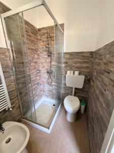 a bathroom with a shower and a toilet and a sink at I Barsan in Groppo