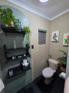 a bathroom with a toilet and plants on the wall at The Cottage Inn in Modimolle