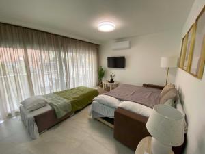 a bedroom with two beds and a tv and a window at Nikol's central suite 2 in Nea Peramos