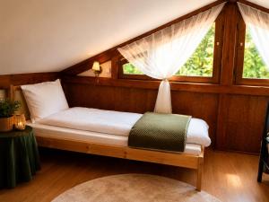 ein Bett in einem Zimmer mit Fenster in der Unterkunft La Cascade - Casa de vacanta in Fîntînele