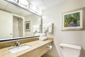 a bathroom with a toilet and a sink and a mirror at Clarion Pointe Richmond North near University in Richmond +17 photos