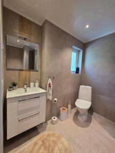 a bathroom with a white toilet and a sink at Gammeleken in Stidsvig +28 photos