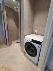 a washer and dryer in a corner of a bathroom at Gammeleken in Stidsvig
