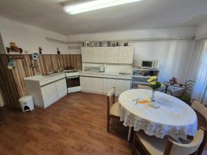 a kitchen with a table with a vase of flowers on it at Privat Anna in Loket