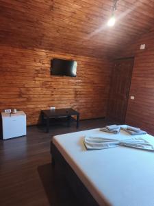 a room with a bed and a tv on a wall at "La Aurel" Mahmudia in Mahmudia