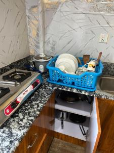 a kitchen counter with a blue dish basket on it at Lakecity Apartment in Pokhara