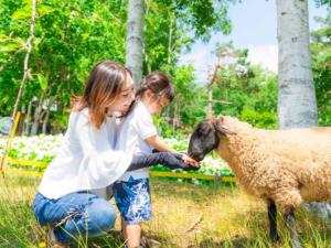a woman and a little girl petting a sheep at Rusutsu Resort Hotel & Convention in Rusutsu