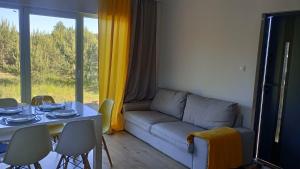 a living room with a couch and a table at Domek letniskowy Płaska in Płaska
