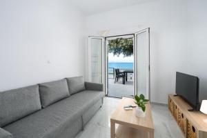 a living room with a couch and a television at Nerea Eleon Residences in Eleonas