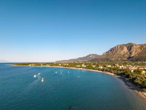 an aerial view of a beach with boats in the water at Nerea Eleon Residences in Eleonas