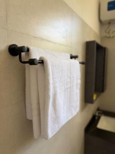 a bathroom with white towels hanging on a wall at 2BR Apartment in Tanga in Tanga +45 photos