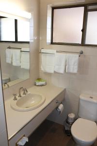 a bathroom with a sink and a toilet and towels at Bakery Hill Motel in Ballarat