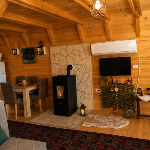 a living room with a fireplace and a tv at Etno house Bajka in Žabljak