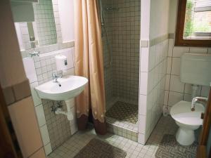 a bathroom with a sink and a shower with a toilet at Zelená chalúpka a Zelený domček in Hrabušice +11 photos