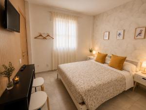a bedroom with a bed and a desk and a television at Hostal Baobab in El Puerto de Santa María +27 photos