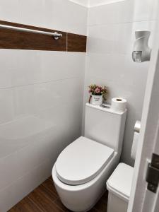 a white bathroom with a toilet and flowers on the tank at bon Appetit Hotel restaurant barahona in Isleta de Barahona