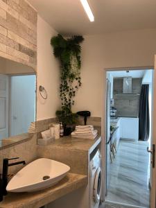 a bathroom with a white sink in a room at Luxus Cluj Airport Apartments in Cluj-Napoca +98 photos