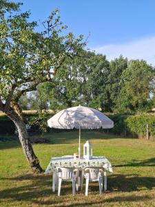 a table and chairs under an umbrella in a field at "C'est Si Bon" in Vandenesse +13 photos