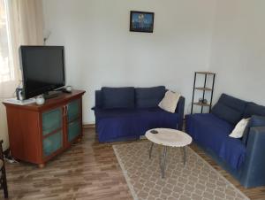 a living room with two blue couches and a tv at Comfortable 2-Bedroom Apartment, Monte Sossego in Mindelo