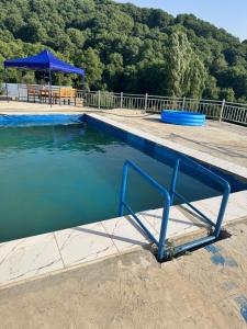 a pool of water with a table and a blue umbrella at SELKINCHEK resort in Kugart