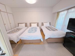 two beds in a small room with a tv at Weekly Green In Namba in Osaka