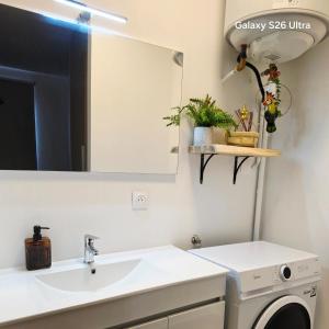 a bathroom with a sink and a washing machine at Cozy Melody in Pirae +10 photos