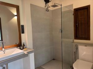 a bathroom with a shower and a toilet and a sink at Cinnamonhouse Villa in Poregedara