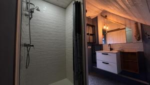 a bathroom with a shower and a sink at Chez Walter et Camille in Saint-Cernin-de-Larche +49 photos